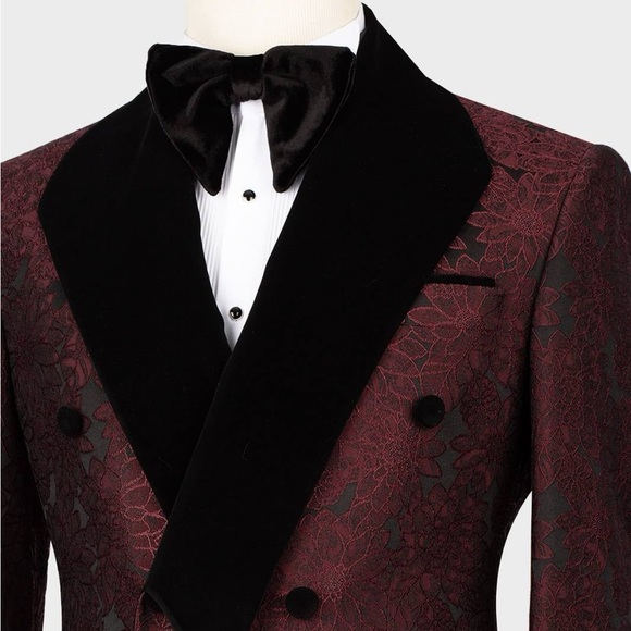 Burgundy  Black Men's Printed Patterned Print Floral Tuxedo Burgundy Tuxedo